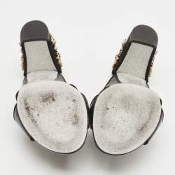 Pre Owned Rene Caovilla Black Leather and Suede Crystal Embellished Block Heel Sandals Size 37