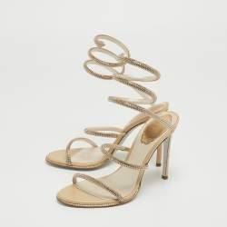 Pre Owned Rene Caovilla Gold Crystal Embellished Satin Cleo Ankle Wrap Sandals Size 36