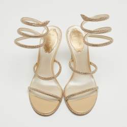 Pre Owned Rene Caovilla Gold Crystal Embellished Satin Cleo Ankle Wrap Sandals Size 36