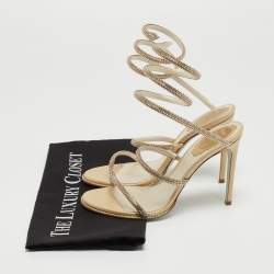 Pre Owned Rene Caovilla Gold Crystal Embellished Satin Cleo Ankle Wrap Sandals Size 36