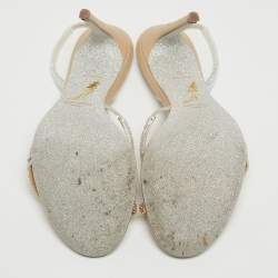 Pre Owned Rene Caovilla Beige/Silver Leather Irina Crystals Sandals Size 38