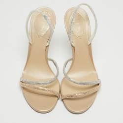 Pre Owned Rene Caovilla Beige/Silver Leather Irina Crystals Sandals Size 38