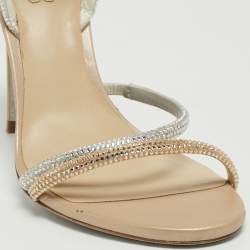 Pre Owned Rene Caovilla Beige/Silver Leather Irina Crystals Sandals Size 38