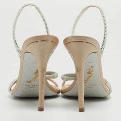 Pre Owned Rene Caovilla Beige/Silver Leather Irina Crystals Sandals Size 38