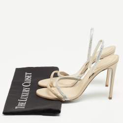 Pre Owned Rene Caovilla Beige/Silver Leather Irina Crystals Sandals Size 38