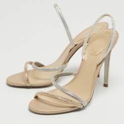 Pre Owned Rene Caovilla Beige/Silver Leather Irina Crystals Sandals Size 38