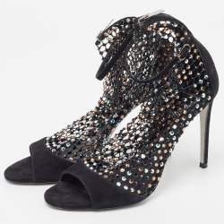 Rene Caovilla Black Suede And Mesh Crystal Embellished Galaxia Open Toe Ankle Strap Sandals Size 39