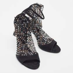 Rene Caovilla Black Suede And Mesh Crystal Embellished Galaxia Open Toe Ankle Strap Sandals Size 39