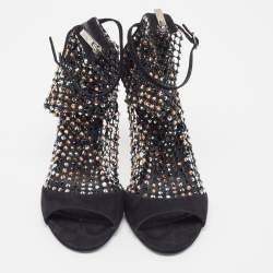Rene Caovilla Black Suede And Mesh Crystal Embellished Galaxia Open Toe Ankle Strap Sandals Size 39