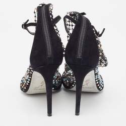 Rene Caovilla Black Suede And Mesh Crystal Embellished Galaxia Open Toe Ankle Strap Sandals Size 39
