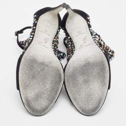 Rene Caovilla Black Suede And Mesh Crystal Embellished Galaxia Open Toe Ankle Strap Sandals Size 39