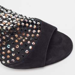 Rene Caovilla Black Suede And Mesh Crystal Embellished Galaxia Open Toe Ankle Strap Sandals Size 39