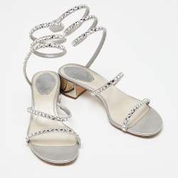 Pre Owned René Caovilla Silver Crystal Embellished Satin Cleo Sandals Size 36