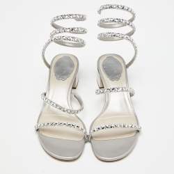 Pre Owned René Caovilla Silver Crystal Embellished Satin Cleo Sandals Size 36
