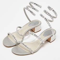 Pre Owned René Caovilla Silver Crystal Embellished Satin Cleo Sandals Size 36