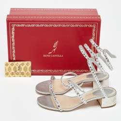 Pre Owned René Caovilla Silver Crystal Embellished Satin Cleo Sandals Size 36