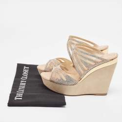 Pre Owned René Caovilla Beige Crystal Embellished Satin Wedge Platform Slide Sandals Size 36