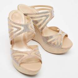 Pre Owned René Caovilla Beige Crystal Embellished Satin Wedge Platform Slide Sandals Size 36
