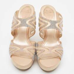 Pre Owned René Caovilla Beige Crystal Embellished Satin Wedge Platform Slide Sandals Size 36