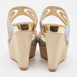 Pre Owned René Caovilla Beige Crystal Embellished Satin Wedge Platform Slide Sandals Size 36