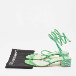 Pre Owned Rene Caovilla Green Crystal Embellished Satin Cleo Sandals Size 40