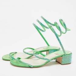 Pre Owned Rene Caovilla Green Crystal Embellished Satin Cleo Sandals Size 40