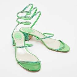 Pre Owned Rene Caovilla Green Crystal Embellished Satin Cleo Sandals Size 40