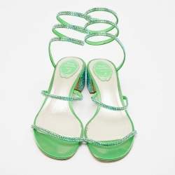 Pre Owned Rene Caovilla Green Crystal Embellished Satin Cleo Sandals Size 40