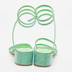 Pre Owned Rene Caovilla Green Crystal Embellished Satin Cleo Sandals Size 40