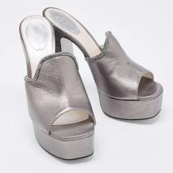 Pre Owned Rene Caovilla Metallic Grey Leather Slide Sandals Size 40