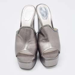 Pre Owned Rene Caovilla Metallic Grey Leather Slide Sandals Size 40