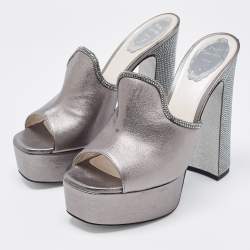 Pre Owned Rene Caovilla Metallic Grey Leather Slide Sandals Size 40