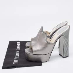 Pre Owned Rene Caovilla Metallic Grey Leather Slide Sandals Size 40
