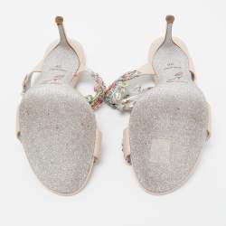 Pre Owned René Caovilla Metallic Pink Leather and Crystal Embellished Lace Slide Sandals Size 36