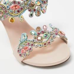 Pre Owned René Caovilla Metallic Pink Leather and Crystal Embellished Lace Slide Sandals Size 36