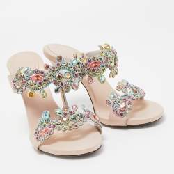 Pre Owned René Caovilla Metallic Pink Leather and Crystal Embellished Lace Slide Sandals Size 36