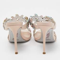 Pre Owned René Caovilla Metallic Pink Leather and Crystal Embellished Lace Slide Sandals Size 36