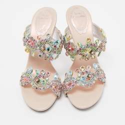 Pre Owned René Caovilla Metallic Pink Leather and Crystal Embellished Lace Slide Sandals Size 36
