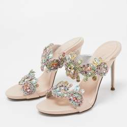 Pre Owned René Caovilla Metallic Pink Leather and Crystal Embellished Lace Slide Sandals Size 36