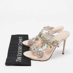 Pre Owned René Caovilla Metallic Pink Leather and Crystal Embellished Lace Slide Sandals Size 36