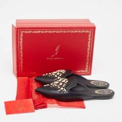Rene Caovilla Black Leather Crystal Embellished Pointed Toe Flat Mules Size 39