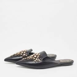 Rene Caovilla Black Leather Crystal Embellished Pointed Toe Flat Mules Size 39