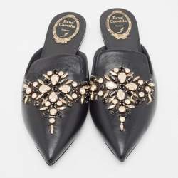 Rene Caovilla Black Leather Crystal Embellished Pointed Toe Flat Mules Size 39