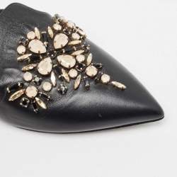 Rene Caovilla Black Leather Crystal Embellished Pointed Toe Flat Mules Size 39