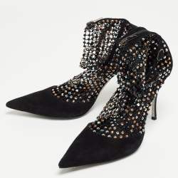 Rene Caovilla Black Suede And Mesh Crystal Embellished Galaxia Pointed Toe Ankle Strap Booties Size 39