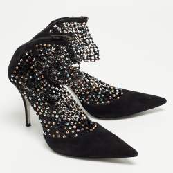 Rene Caovilla Black Suede And Mesh Crystal Embellished Galaxia Pointed Toe Ankle Strap Booties Size 39