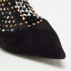 Rene Caovilla Black Suede And Mesh Crystal Embellished Galaxia Pointed Toe Ankle Strap Booties Size 39