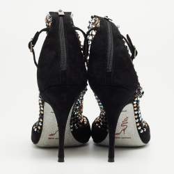 Rene Caovilla Black Suede And Mesh Crystal Embellished Galaxia Pointed Toe Ankle Strap Booties Size 39