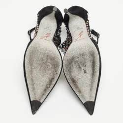 Rene Caovilla Black Suede And Mesh Crystal Embellished Galaxia Pointed Toe Ankle Strap Booties Size 39