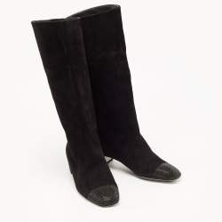 Pre Owned Rene Caovilla Black Suede Crystal Embellished Mid Calf Boots Size 37